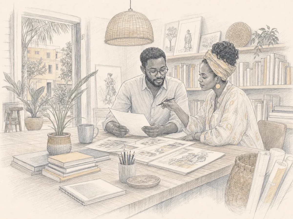 An editor and illustrator work together in an Accra publishing office