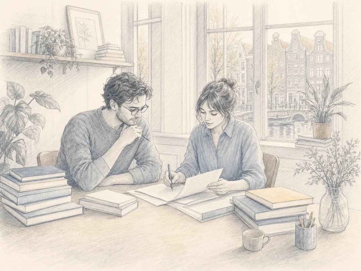Two editors discuss a manuscript in a bright Amsterdam publishing office