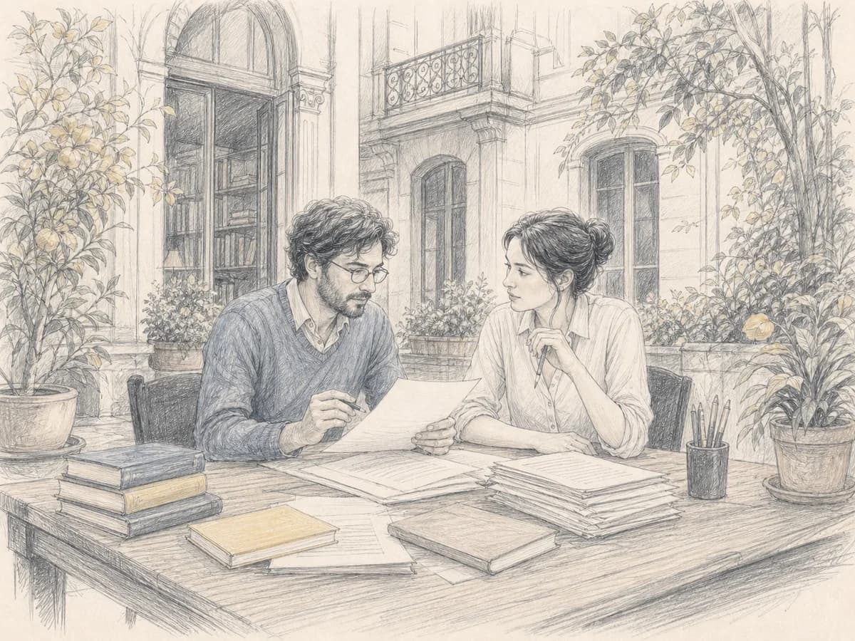 An editor and translator discuss a manuscript in a Buenos Aires publishing office