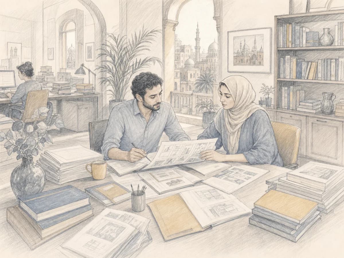 An editorial meeting with manuscripts and proofs in a Cairo publishing office