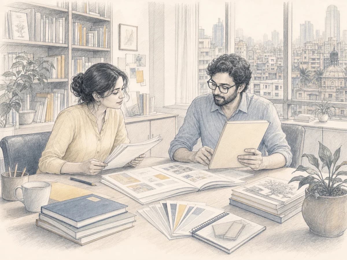 A commissioning editor and book designer work in a Mumbai publishing office