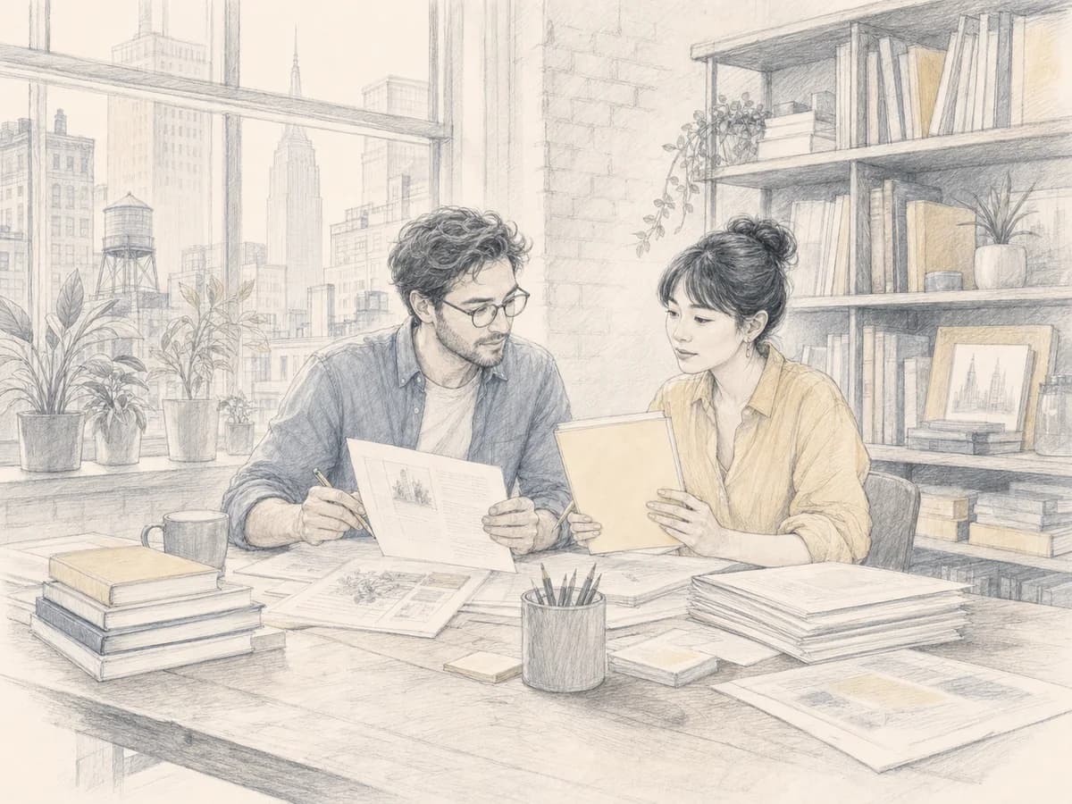 An editor and book designer review proofs in a New York publishing office