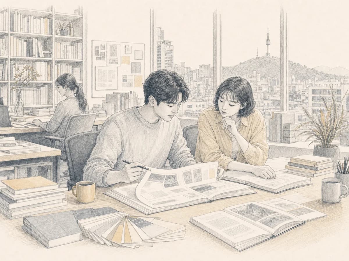 An editor and production specialist review page layouts in a Seoul publishing office