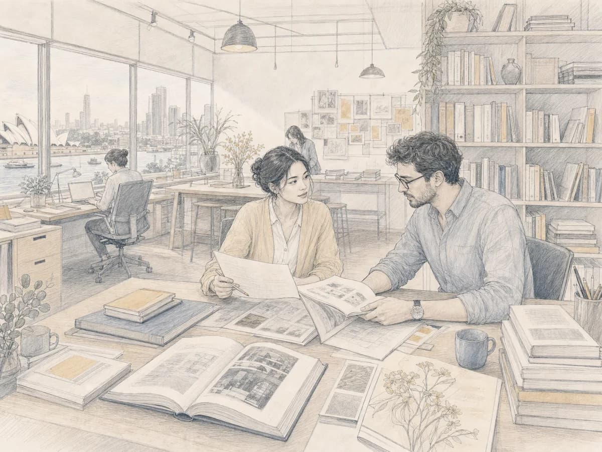 An editor and rights manager discuss an international manuscript in a Sydney office